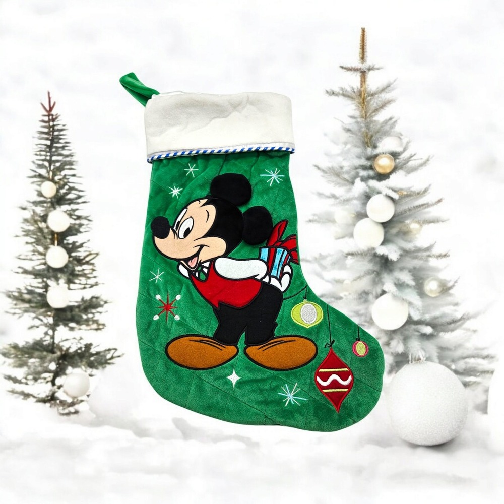 Disney Store Mickey Mouse Plush Stocking Green Christmas with 3D Ears Soft